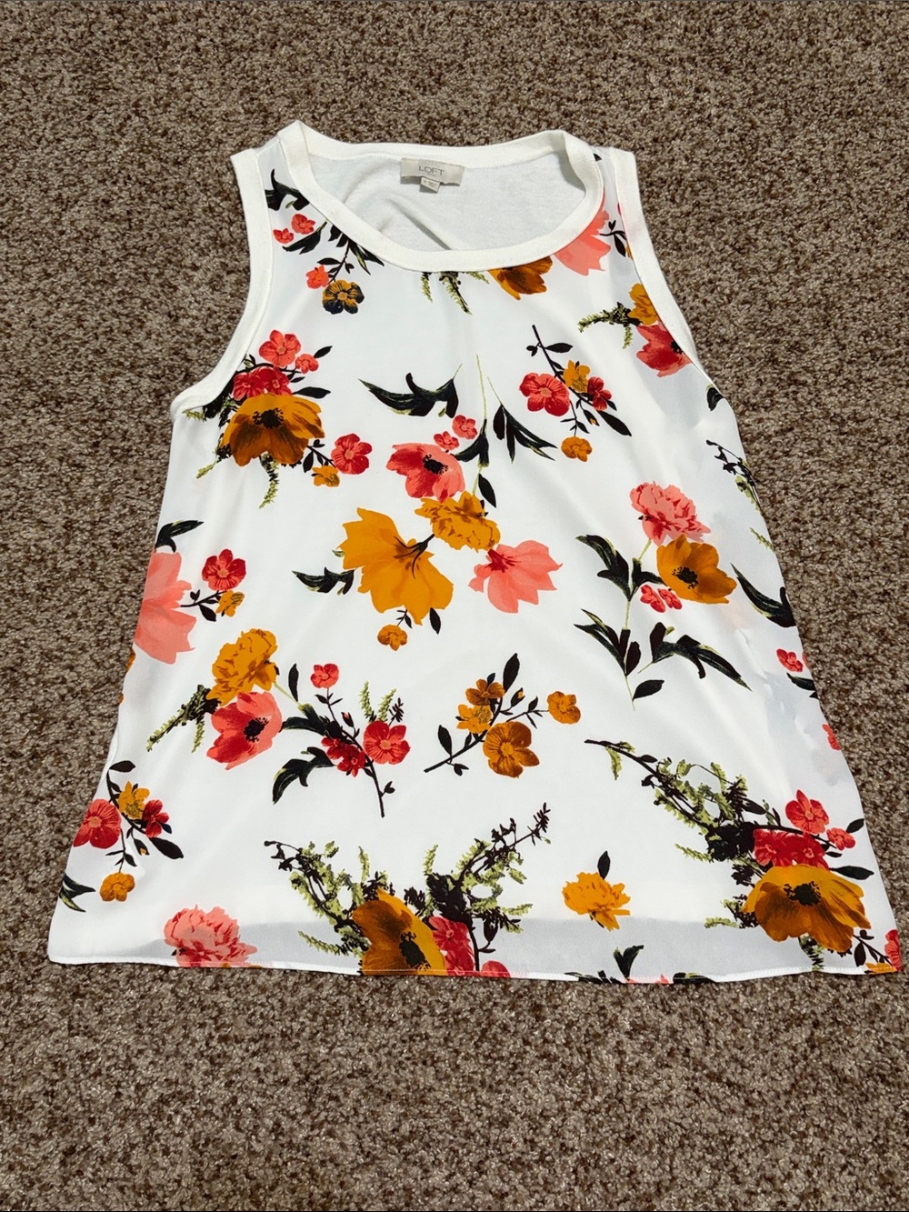 LOFT White Tank Top with Pink & Mustard Floral Print
